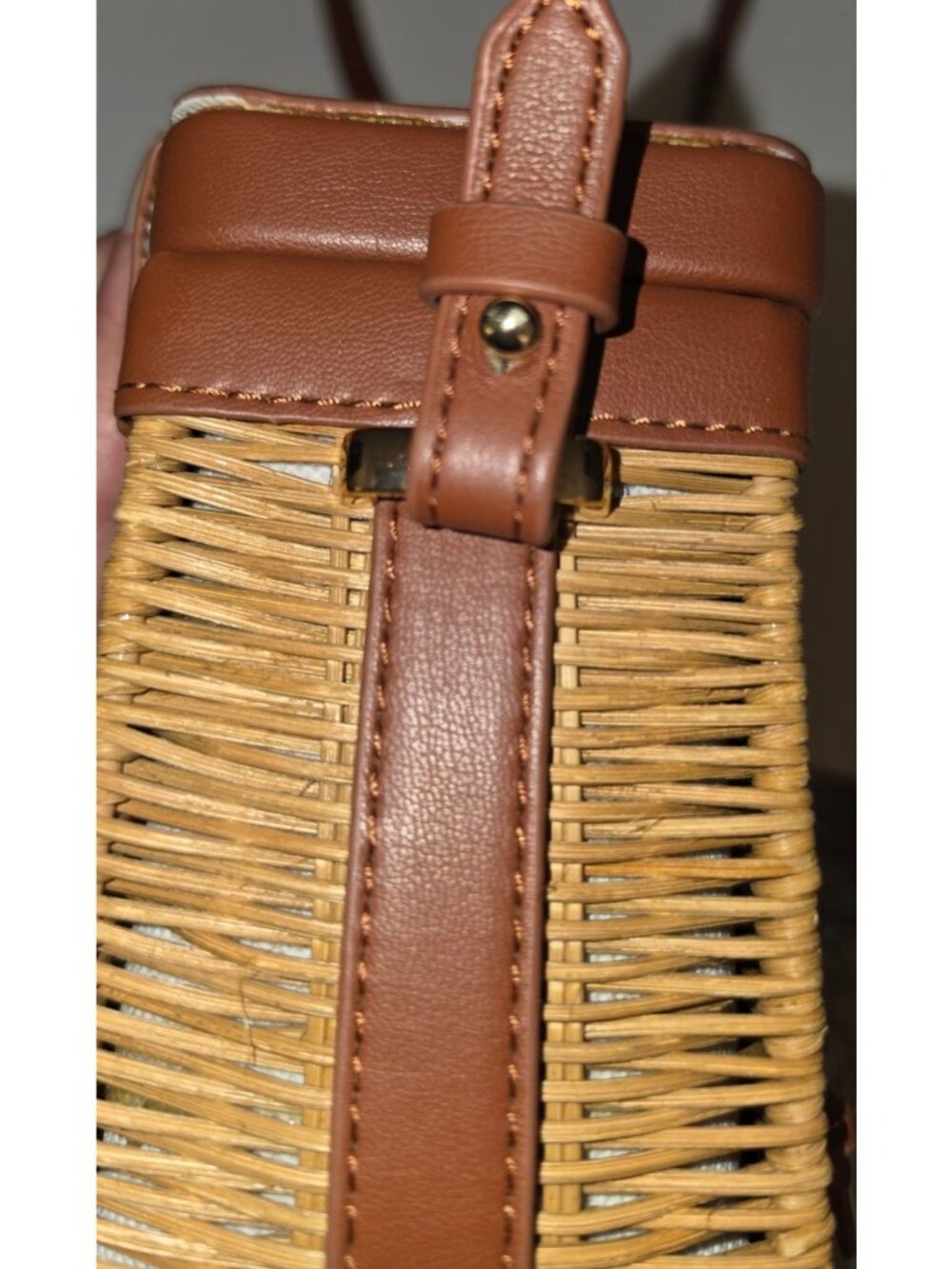 ZARA Wicker Crossbody Mini Basket Bag Straw Purse Brown Faux Leather Gold Clasp - Picture 5 of 7